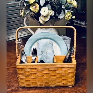 Wicker picnic basket and utensils